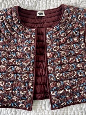 Wrap London Quilted Sleeveless Vest with Brown with Blue and Cream Print
